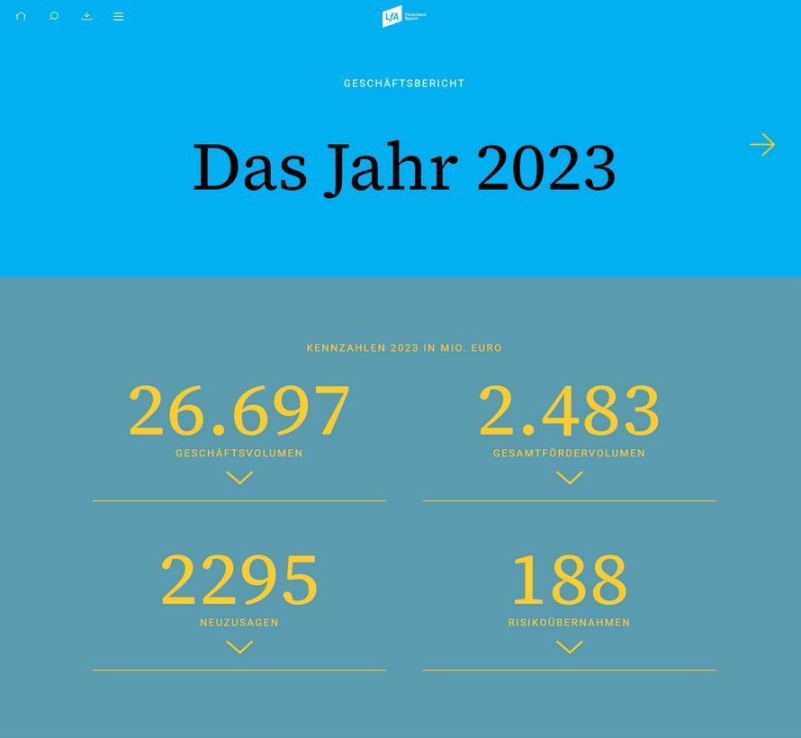 Screenshot der Startseite des Geschäftsberichtes der LfA Bayern 2023