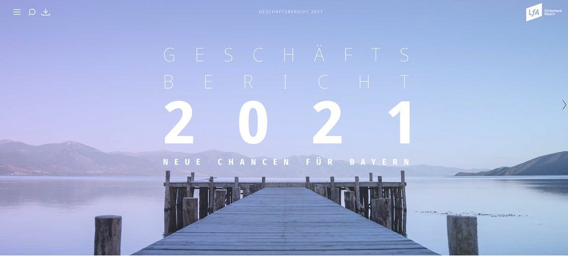 Screenshot der Startseite des Geschäftsberichtes der LfA Bayern 2021