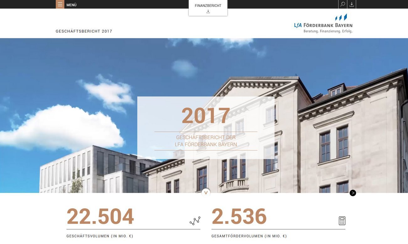 Screenshot der Startseite des Geschäftsberichtes der LfA Bayern 2017