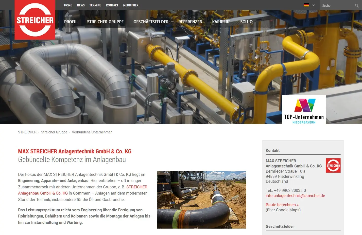 Screenshot der Startseite der Streicher Anlagentechnik GmbG & Co. KG