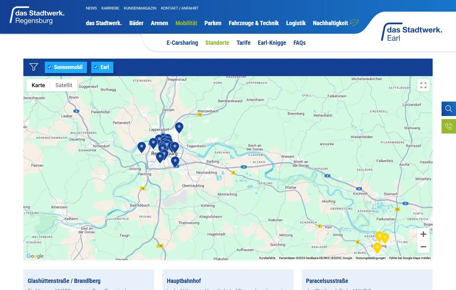 Screenshot der Google Maps-Karte der Earl-Standorte