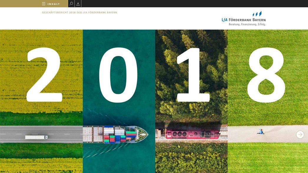 Screenshot der Startseite des Geschäftsberichtes der LfA Bayern 2018