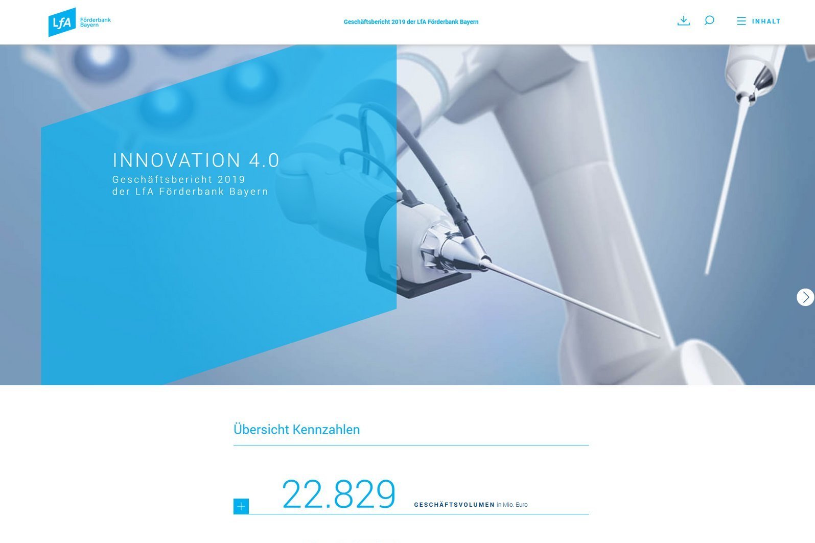 Screenshot der Startseite des Geschäftsberichtes der LfA Bayern 2019