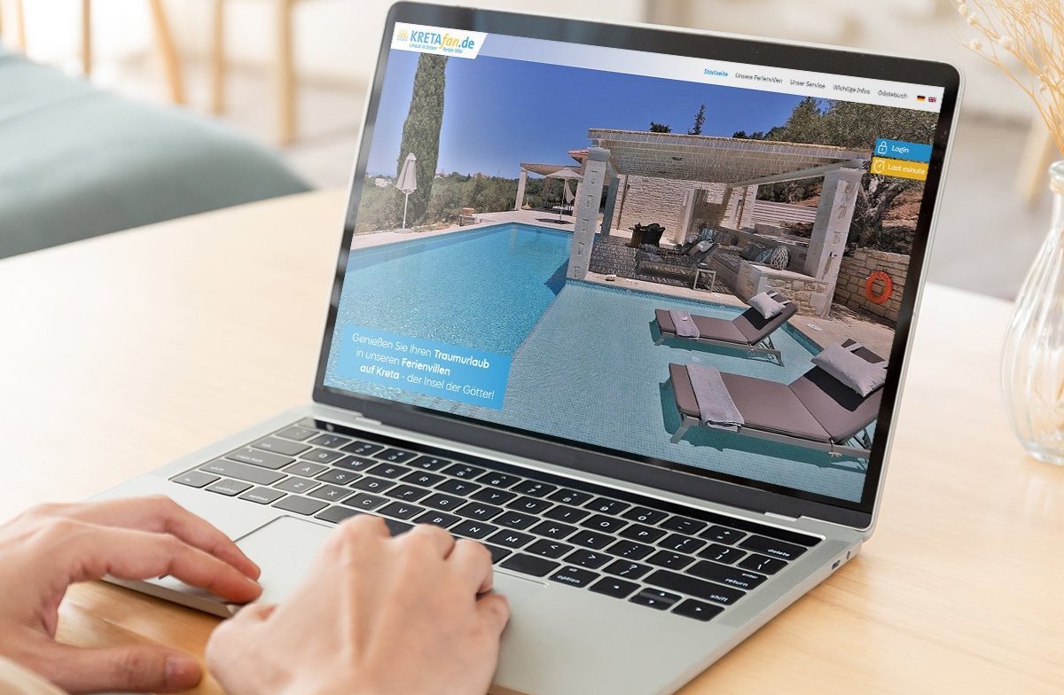 Mockup der Kretafan-Startseite, Laptop-Ansicht