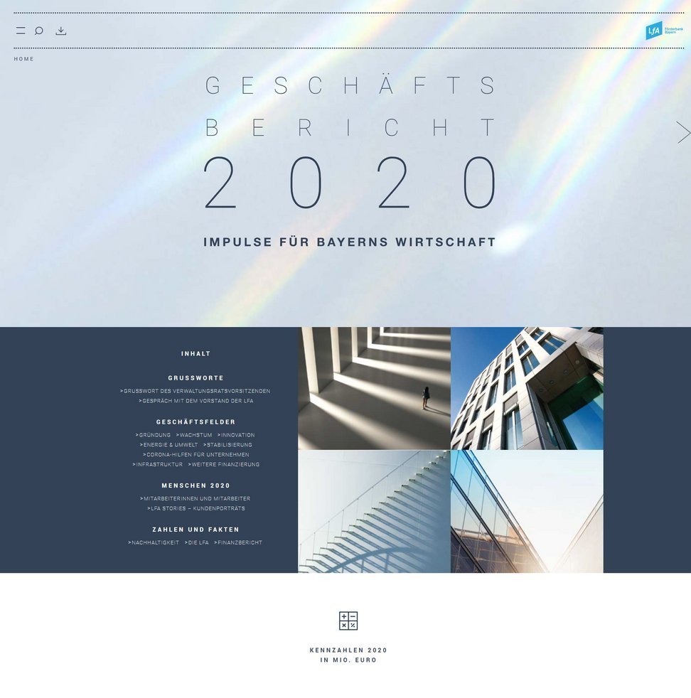 Screenshot der Startseite des Geschäftsberichtes der LfA Bayern 2020