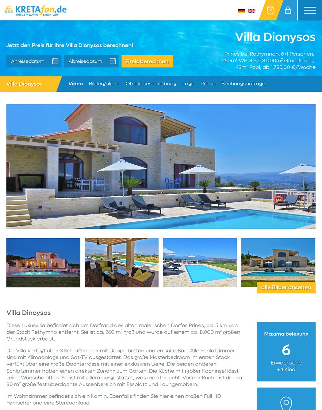 Screenshot der Villen-Detailansicht