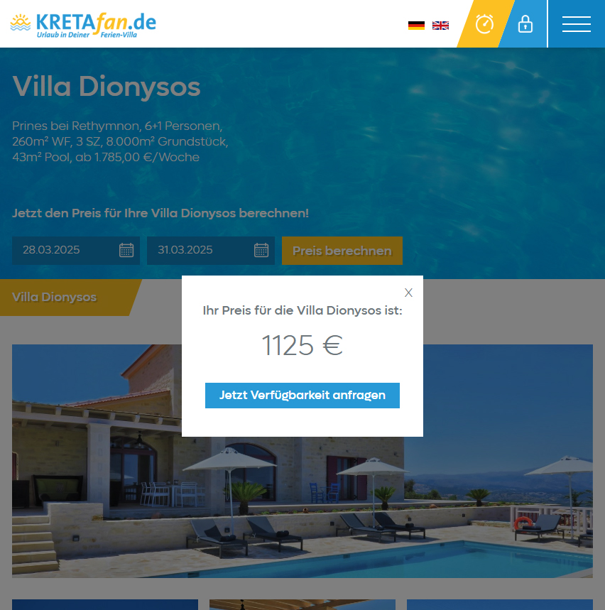 Screenshot des Preisrechner-Ergebnisses