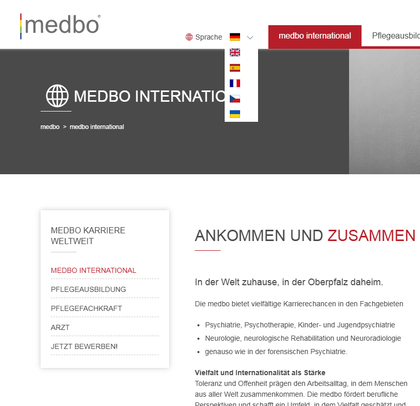 Screenshot einer Unterseite der medbo Website