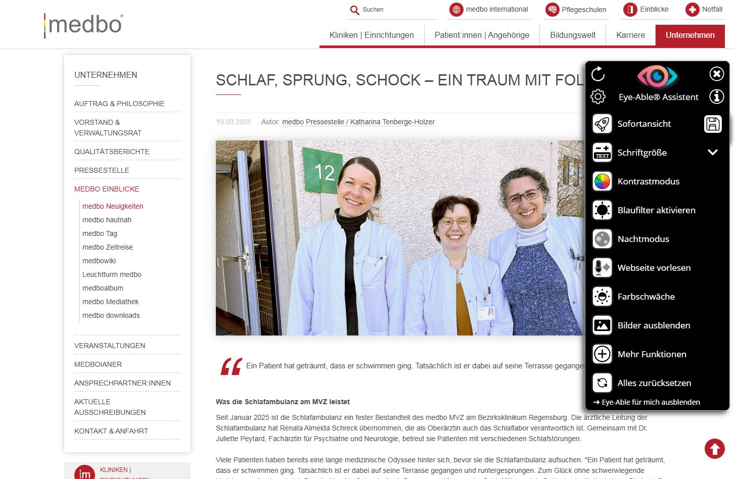 Screenshot des EyeAble Assistenten auf der medbo Website
