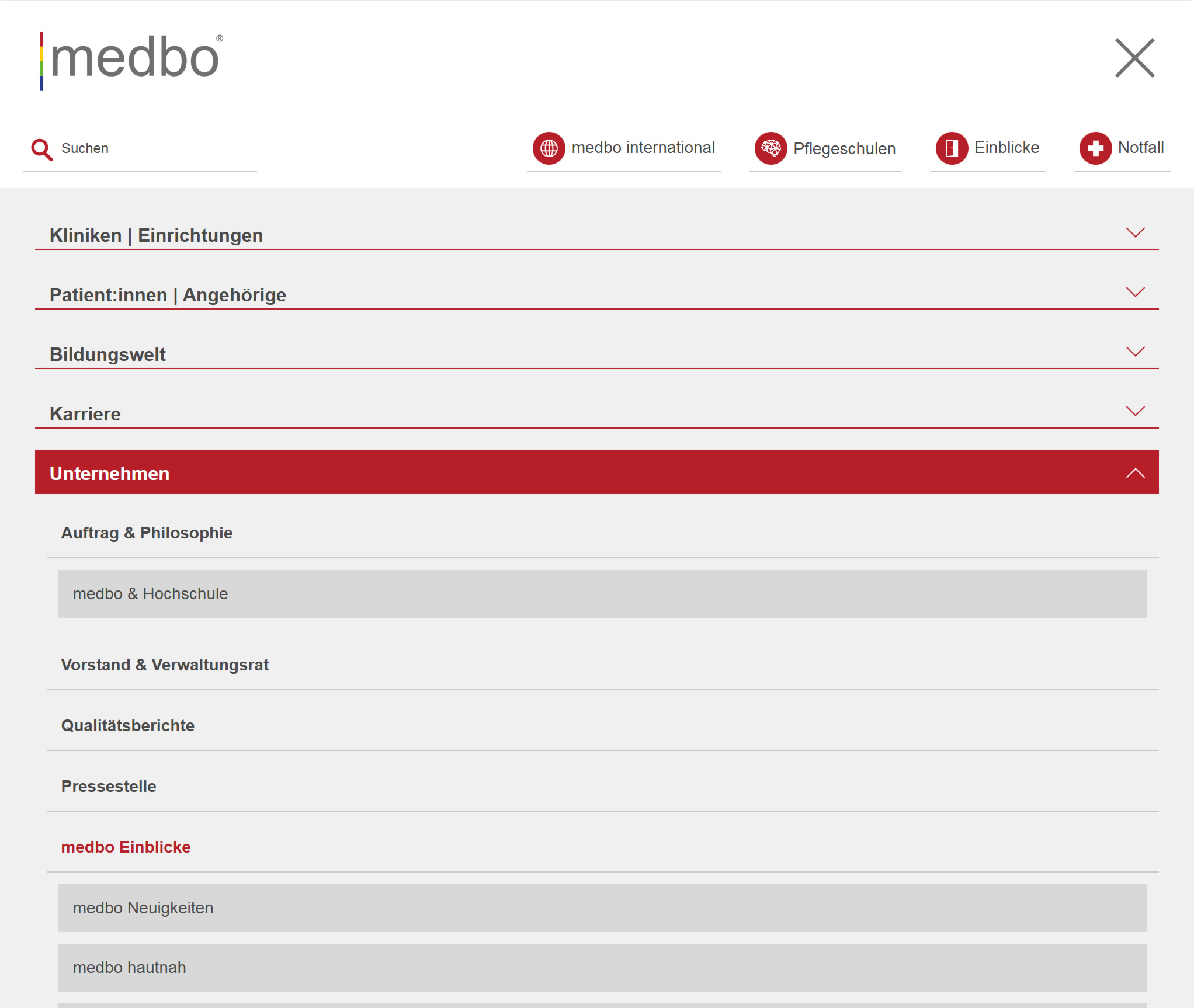 Screenshot der mobilen Navigation der medbo Website