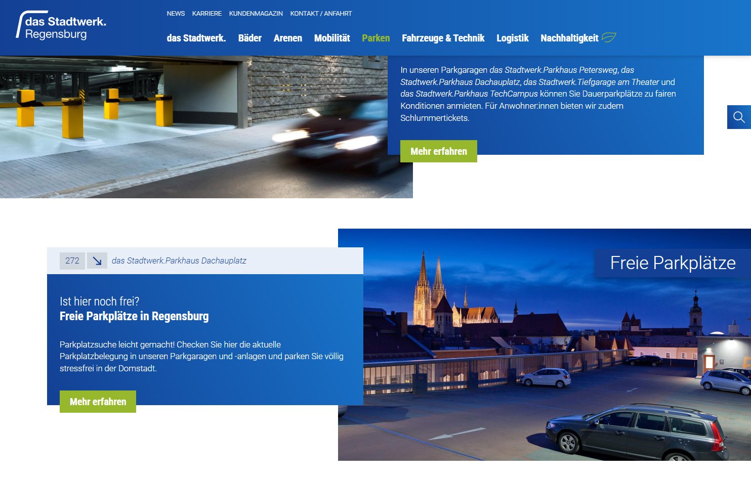 Screenshot von Teaser-Boxen auf Übersichtsseite mit Information über aktuell freie Parkplätze