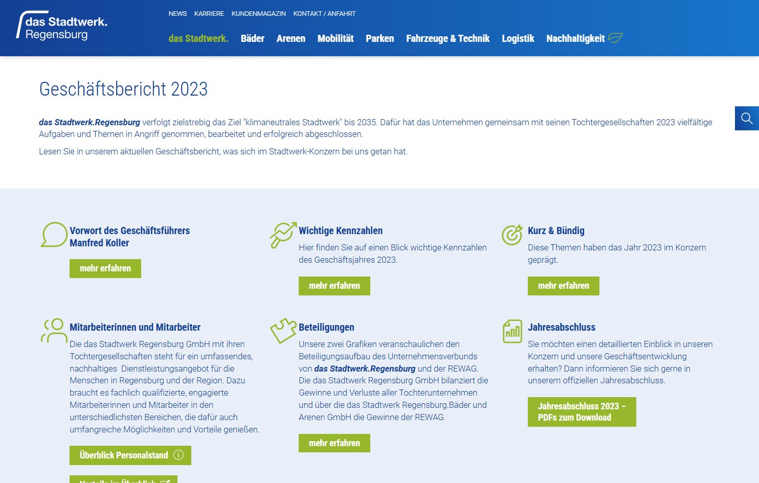 Screenshot des Stadtwerk-Geschäftsberichts