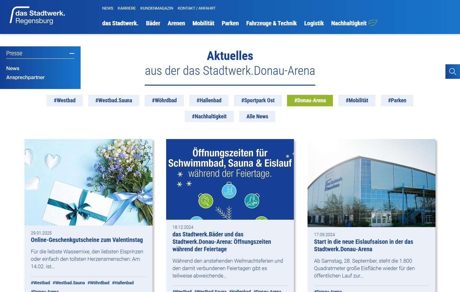Screenshot des Stadtwerk-Newsbereichs mit aktivem Filter "#Donau Arena"