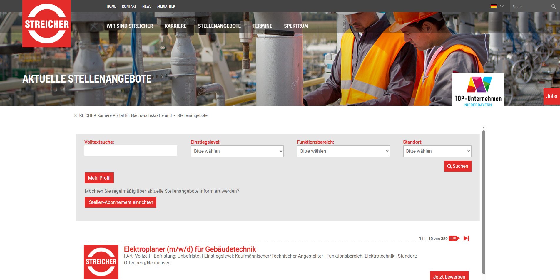 Screenshot der Stellenangebote bei Streicher