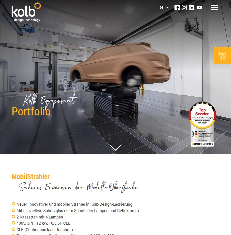 Screenshot der Tablet Ansicht der Kolb Technology Website