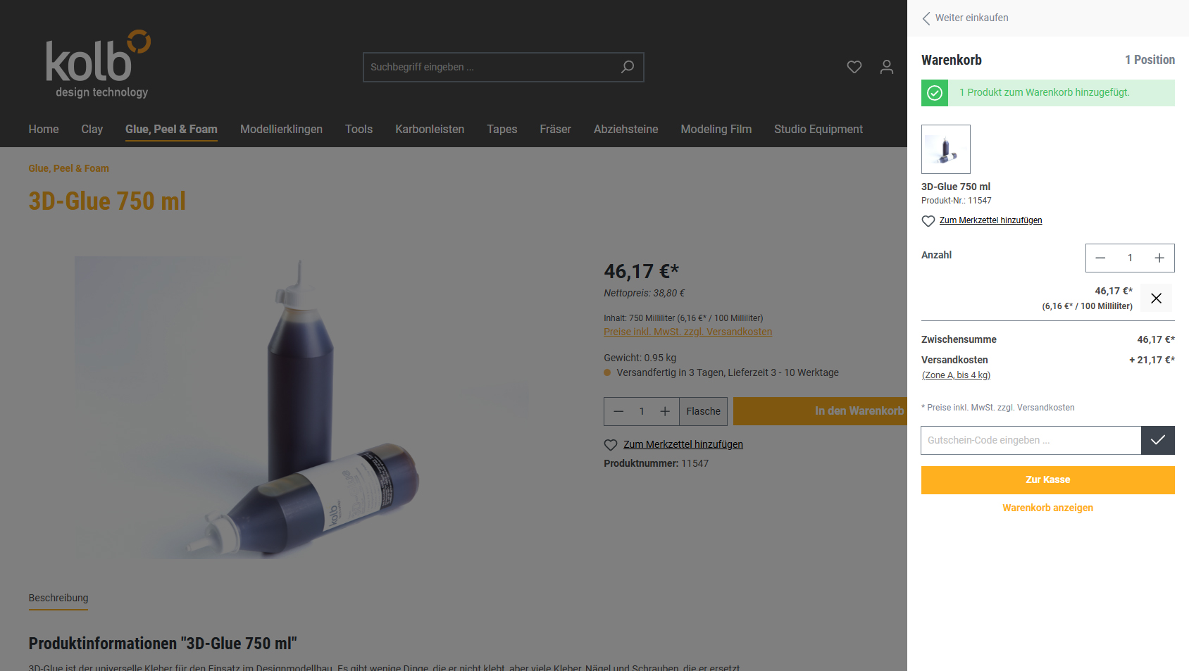 Screenshot des Kolb Technology Shops