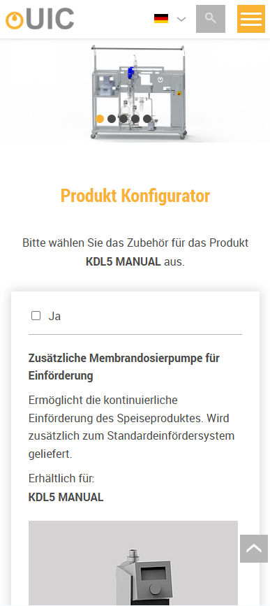 Screenshot der Smartphone Ansicht des Produkt Konfigurators bei UIC
