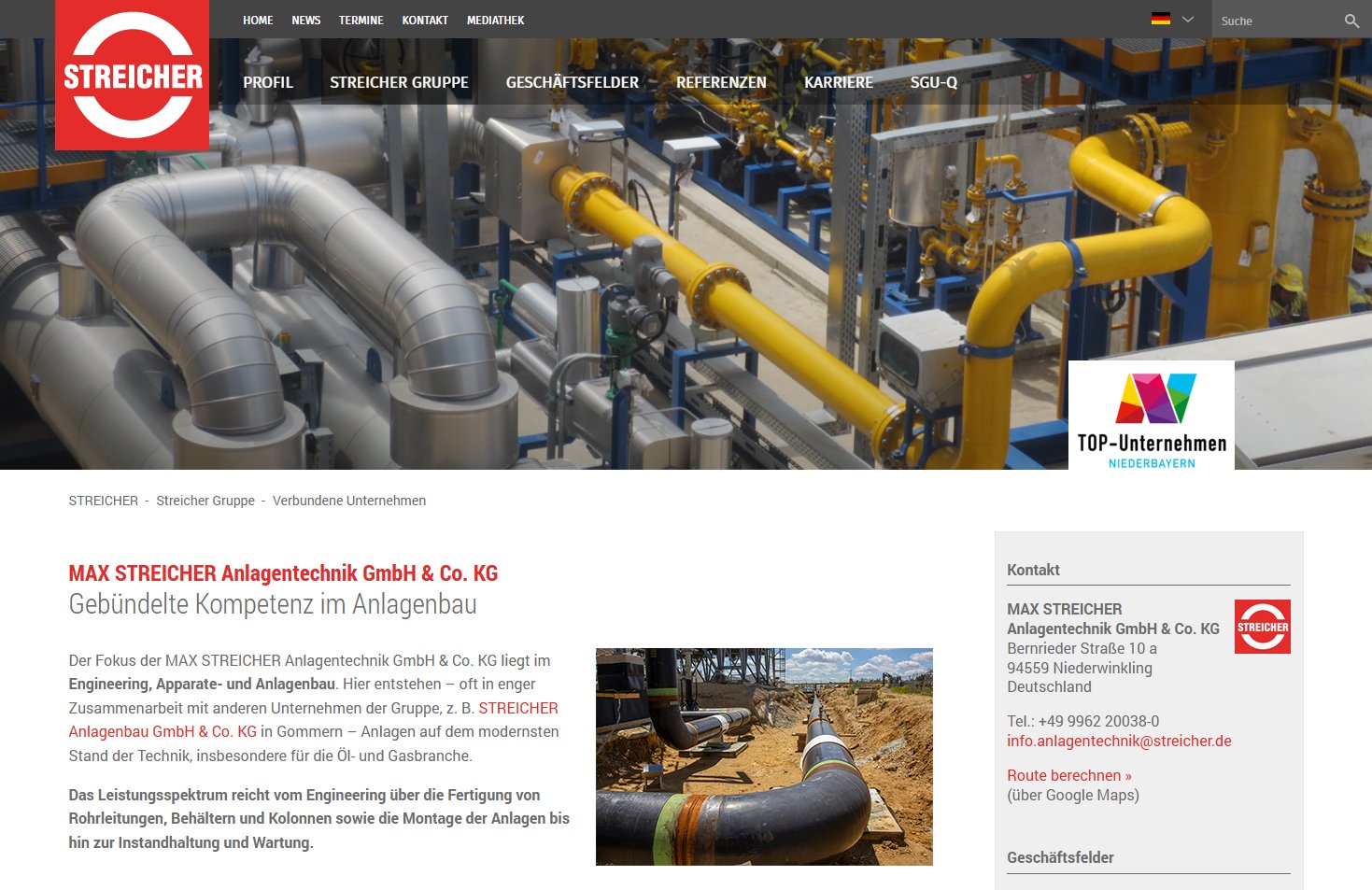 Screenshot der Startseite der Streicher Anlagentechnik GmbG & Co. KG