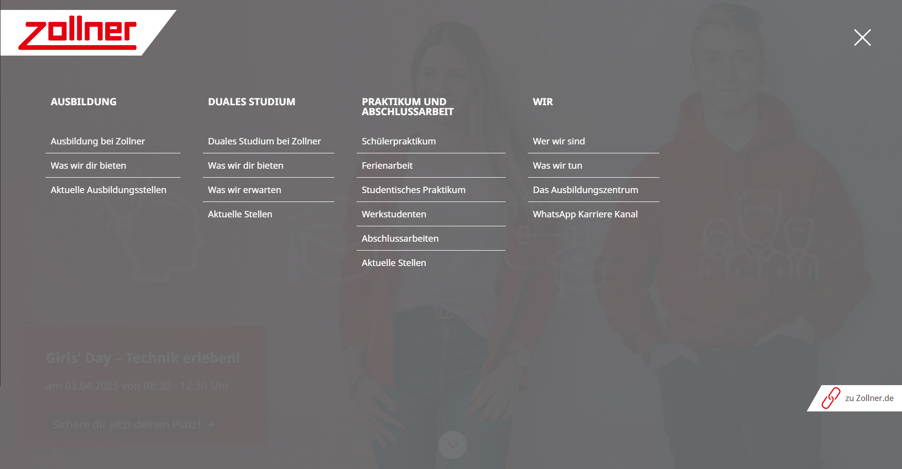 Screenshot des geöffneten Menüs von Finde-deine-Berufung