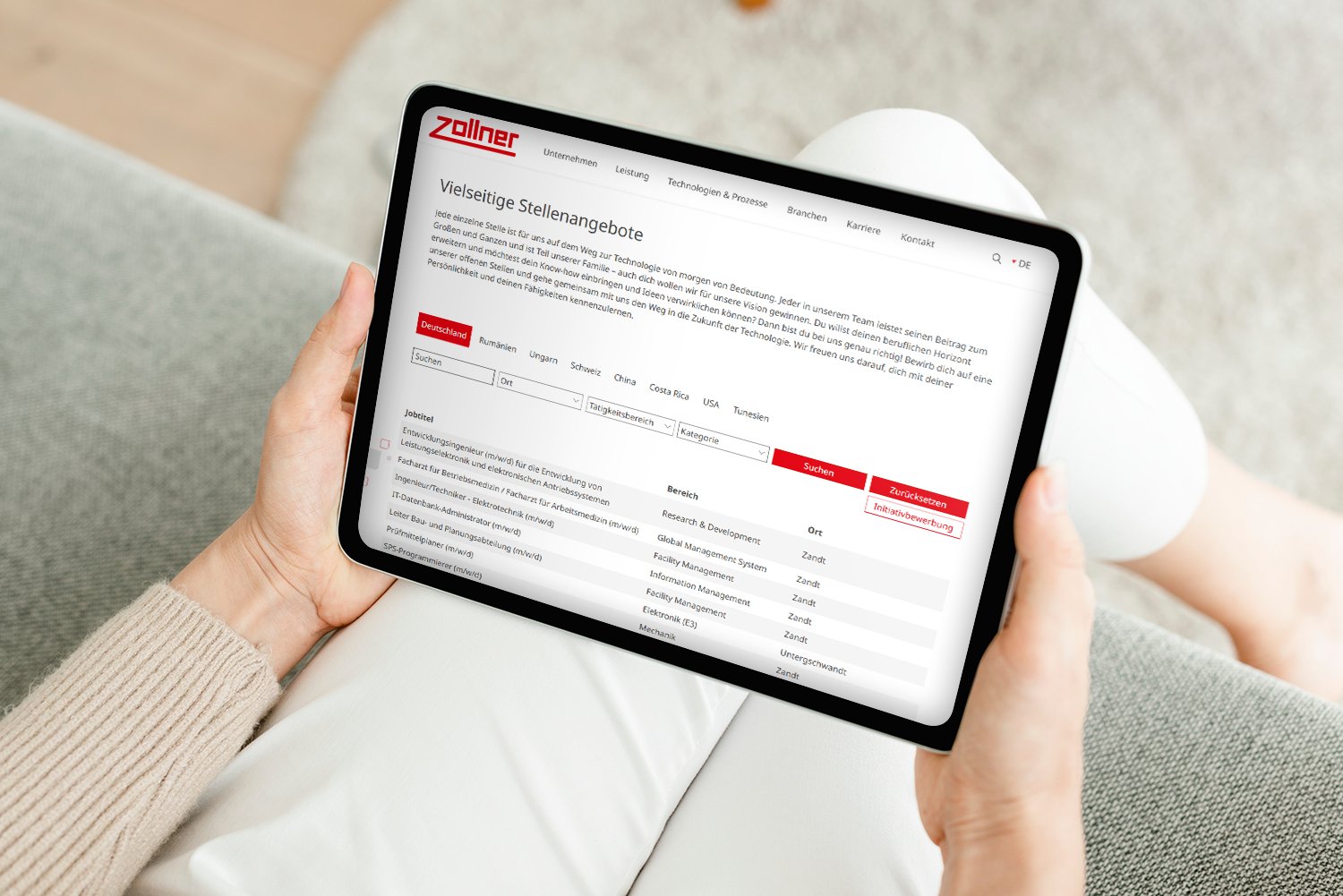 Mockup der Stellenangebote aus dem B-ITE-System, Tablet-Ansicht