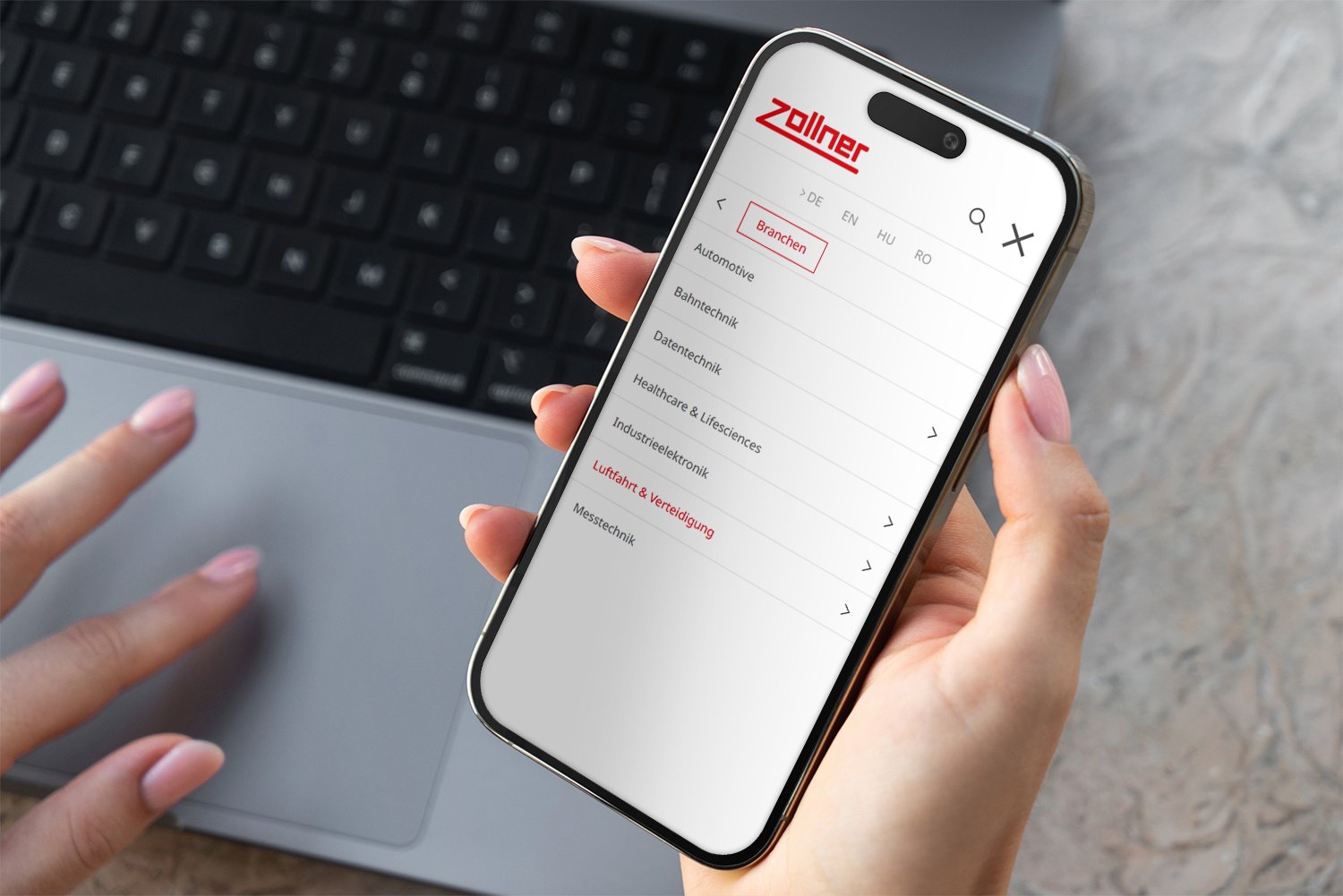 Mockup des Zollner-Menüs im Smartphone